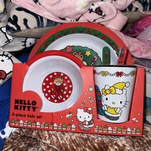 Nwt Sanrio Hello Kitty Christmas 5 Pc Dinner plate cup bowl silverware Xmas Gift